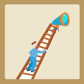 一个男人在爬梯子，上面一个望远镜。是什么成语