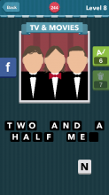 Three figures in tuxedos and one is wearing a red bowtie and