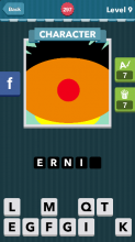 Oval orange face with red nose.|Character|icomania answers|ic